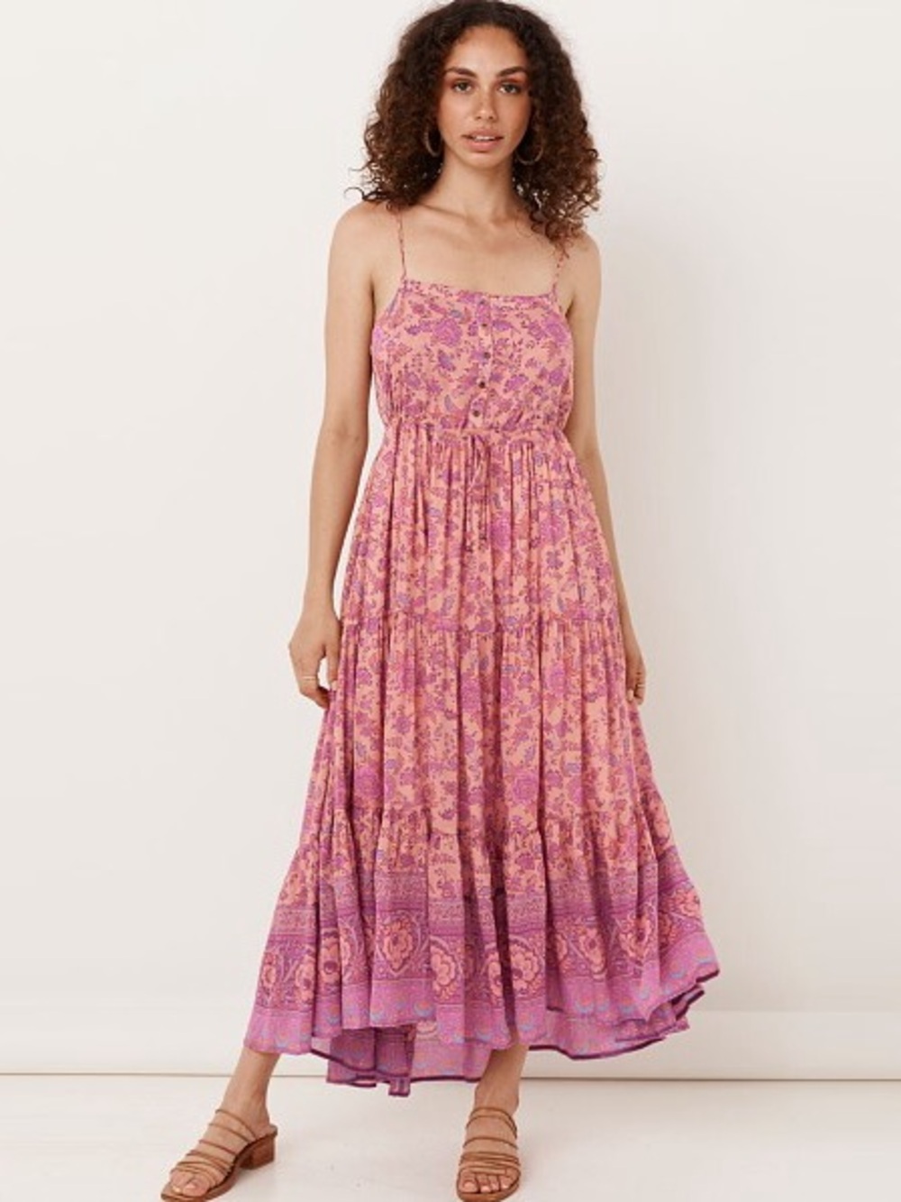 Spell Pink Floral Tiered Spaghetti-Strap Maxi Dress, Small